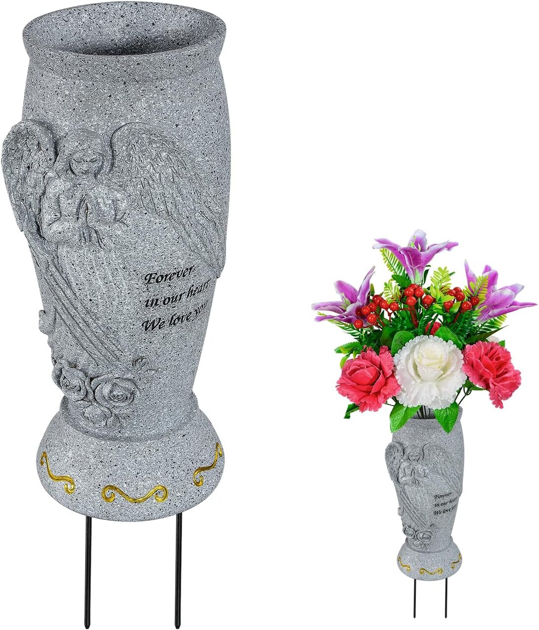 Cemetery Vase, Memorial Grave Vase with Ground Spikes, Angel Vases for Artificial Flowers, Grave Flowers Holder for Cemetery Headstone (1Piece, Flowers are NOT Included)